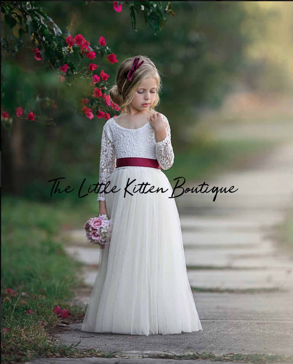 Classic Long Sleeve Tulle and Lace Flower Girl Dress / Girls Special O ...