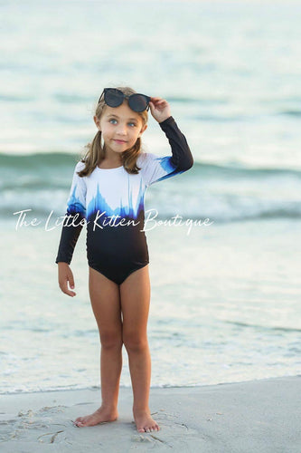 Blue Ombre girls 1 piece swimsuit with rash guard - 1 piece bathing suit