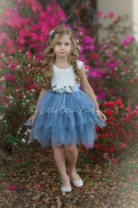 Dusty Blue, Layered flower girl dress / girls special occasion dress