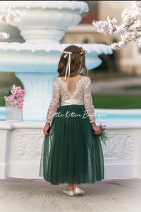 Long Sleeve Forest Green Flower Girl Dress for Weddings, Birthday Parties , Family Photo Shoots and More