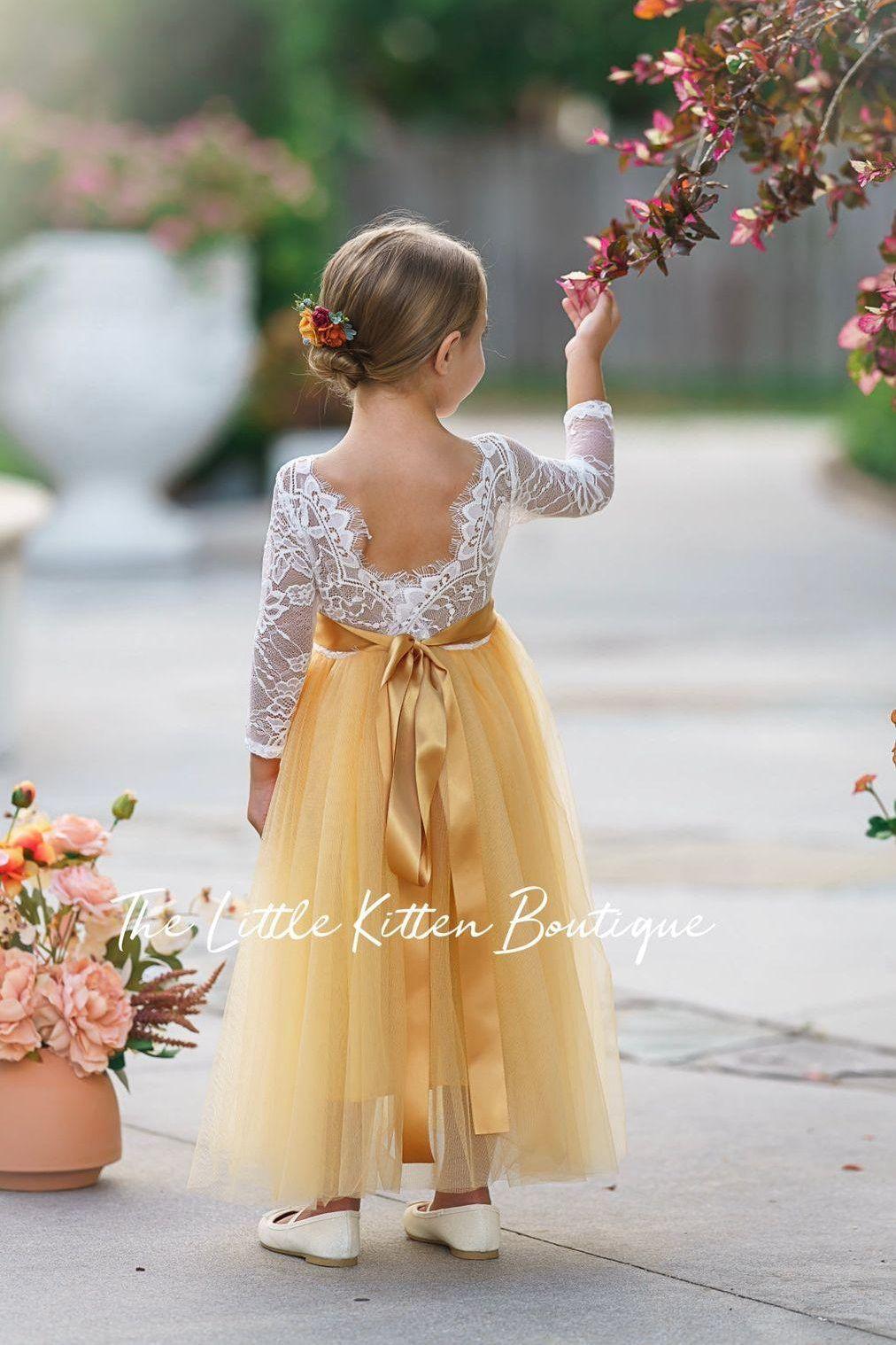 Fall Inspired Long Sleeve Marigold Flower Girl Dress