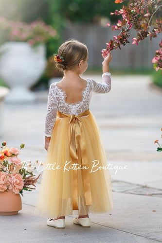 Fall Inspired, Long Sleeve Marigold Flower Girl Dress