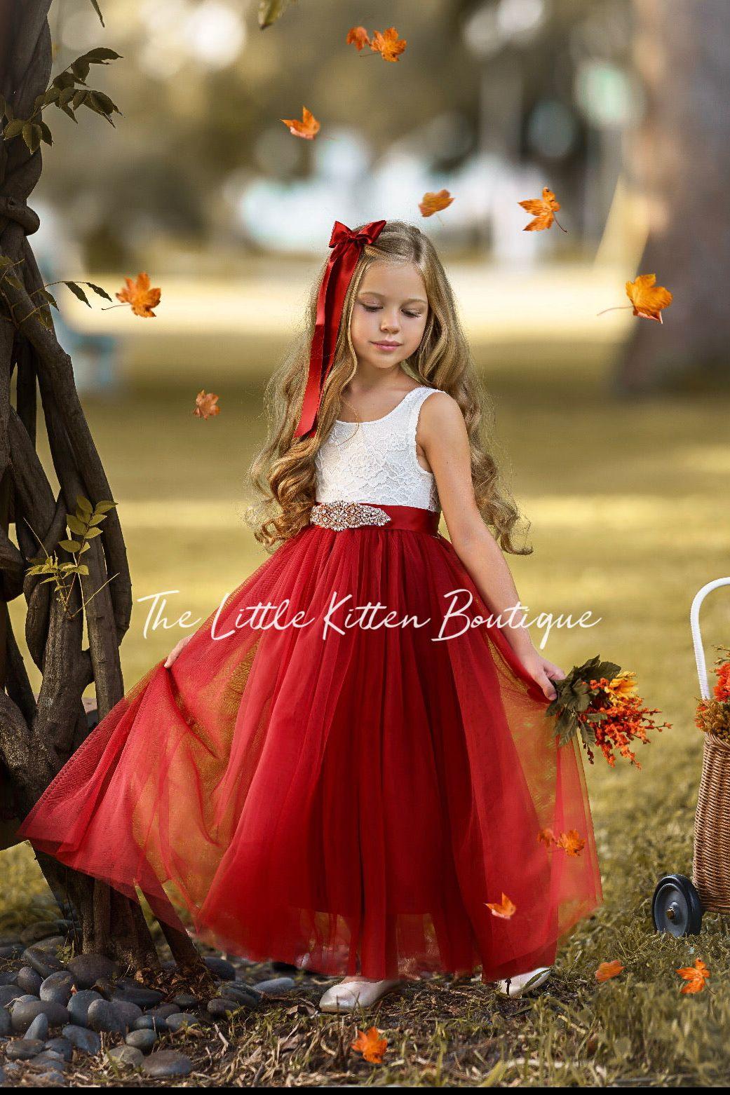 Off Shoulder Red Lace Girl Wedding Party Flower Girl Dress Long Trailing  Kids Princess Pageant Gowns