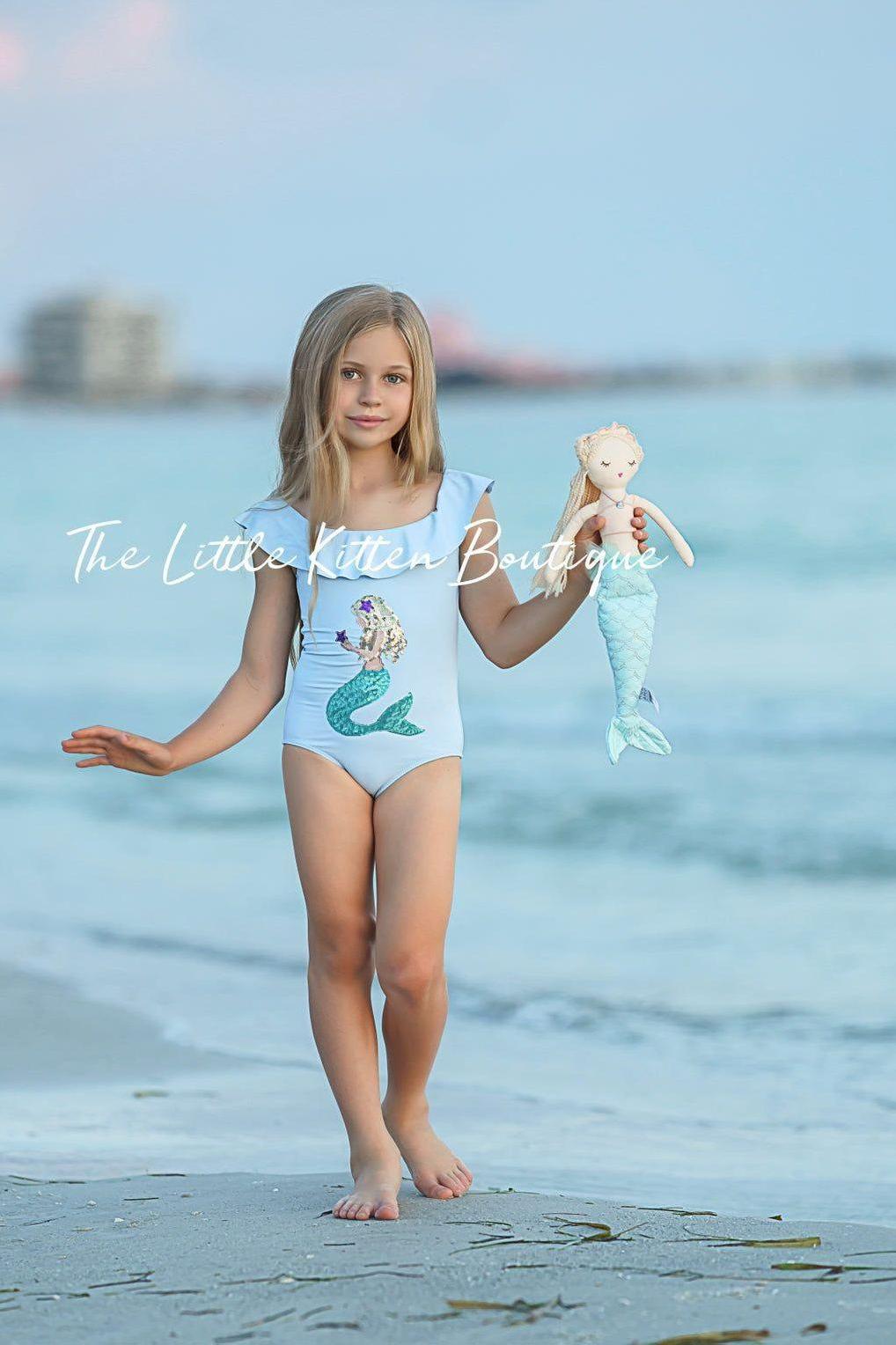 Blue sequins girls mermaid 1 piece swimsuit - 1 piece bathing suit - The Little Kitten Boutique