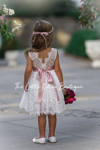 Antique Ivory and Off White Sleeveless Knee Length Lace Flower Girl Dresses