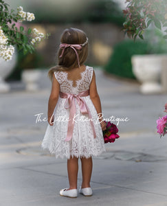 Antique Ivory and Off White Sleeveless Knee Length Lace Flower Girl Dresses