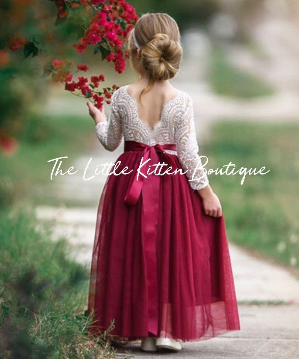 Princess Inspired, Long Sleeve Special Occasion Dress / Lace and tulle flower girl dress - The Little Kitten Boutique
