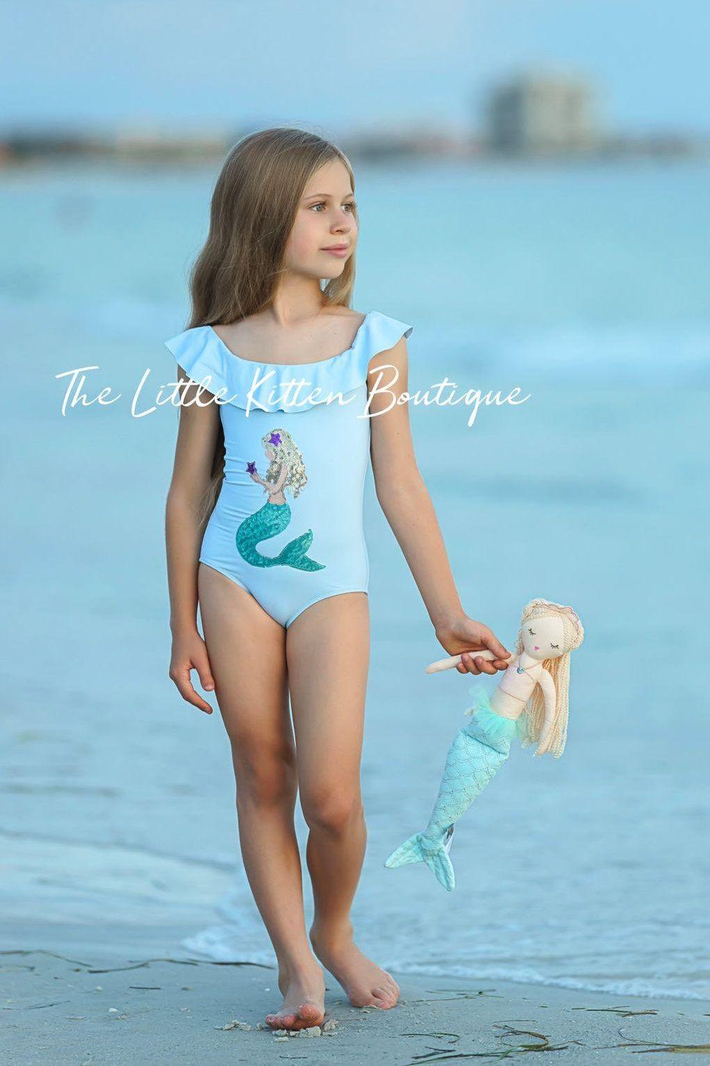 Blue sequins girls mermaid 1 piece swimsuit - 1 piece bathing suit - The Little Kitten Boutique