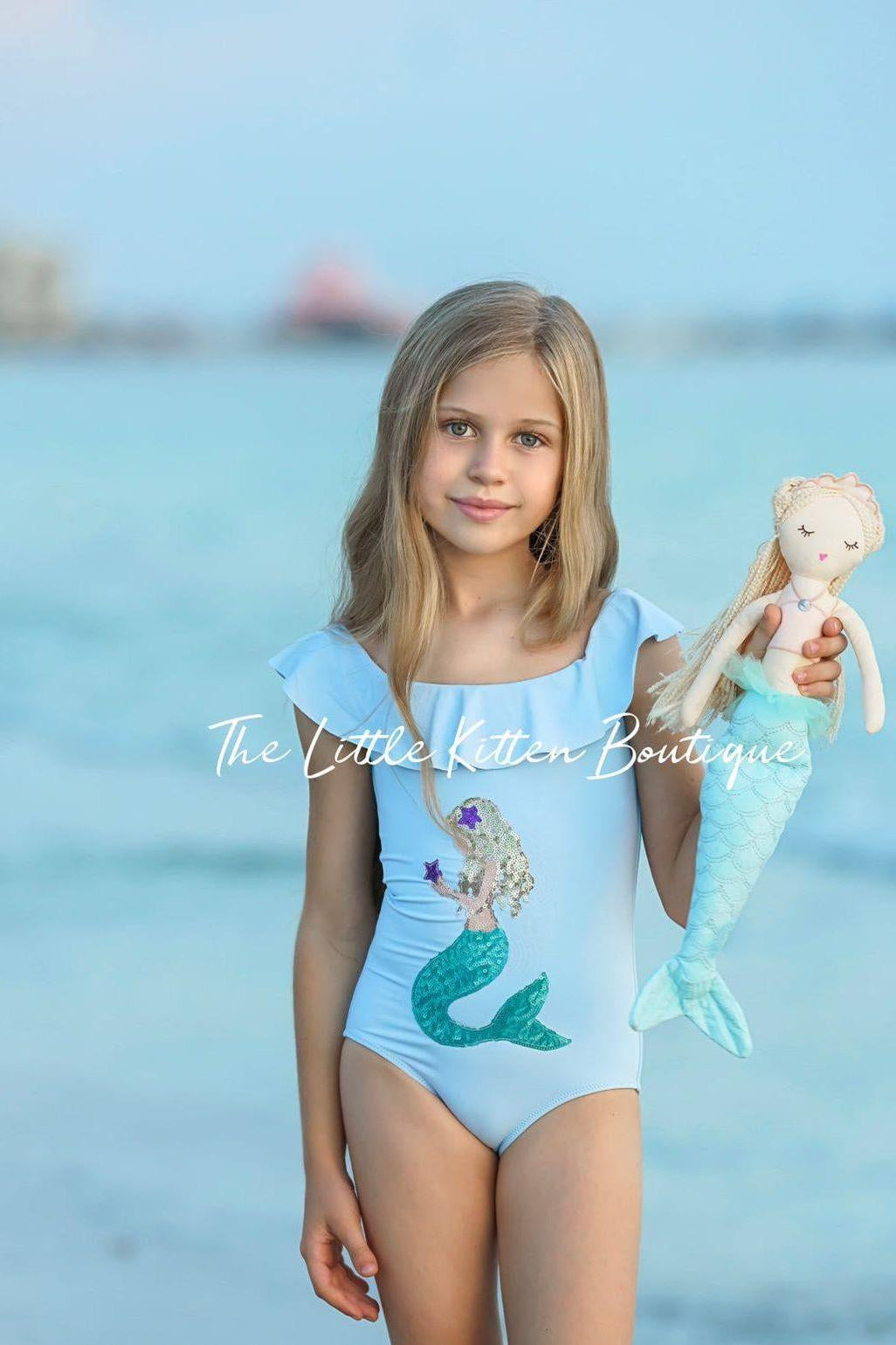 Blue sequins girls mermaid 1 piece swimsuit - 1 piece bathing suit - The Little Kitten Boutique