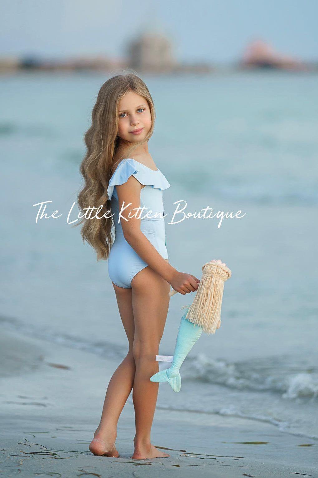 Blue sequins girls mermaid 1 piece swimsuit - 1 piece bathing suit - The Little Kitten Boutique