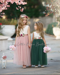 Mauve, Prima Pink and Florest Green Flower Girl Dresses