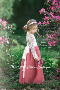 Long Sleeve Special Occasion Dress /  Lace and tulle flower girl dress