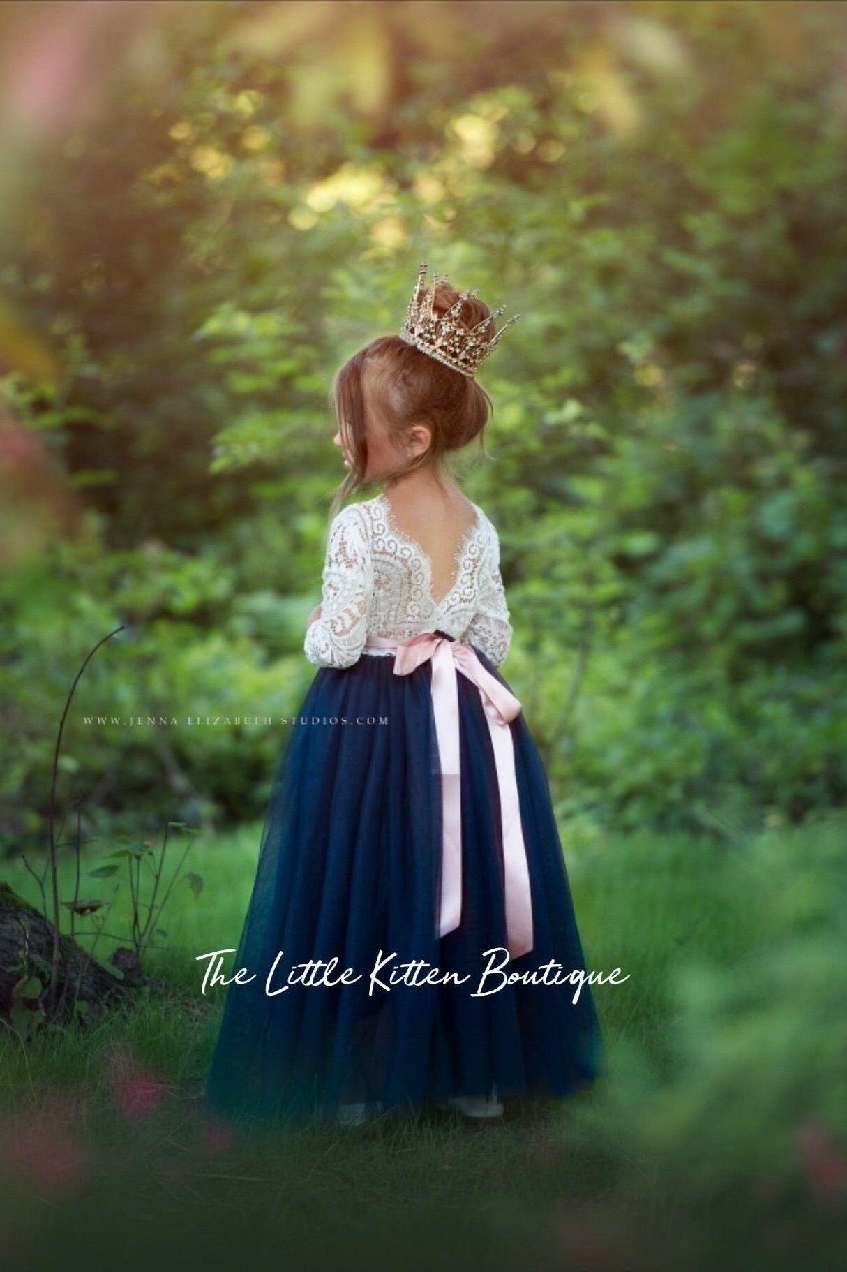 Princess Inspired, Long Sleeve Special Occasion Dress / Lace and tulle flower girl dress - The Little Kitten Boutique