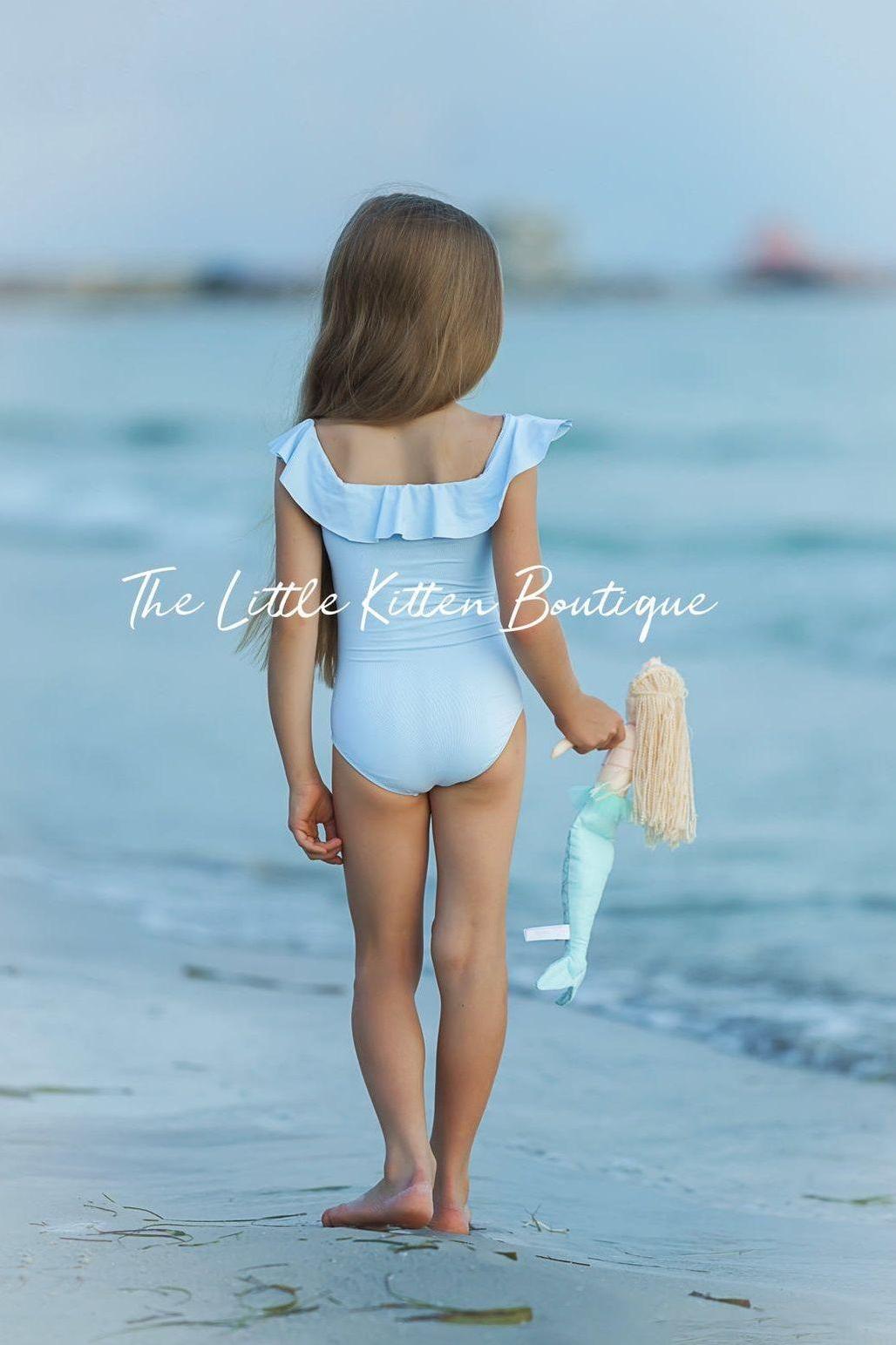 Blue sequins girls mermaid 1 piece swimsuit - 1 piece bathing suit - The Little Kitten Boutique