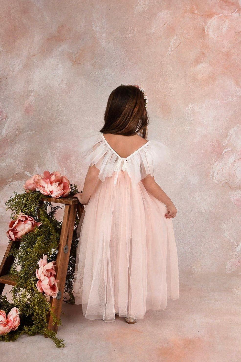 Blush Tulle High Low Flower Girl Dress / Girls Special Occasion Dress - The Little Kitten Boutique